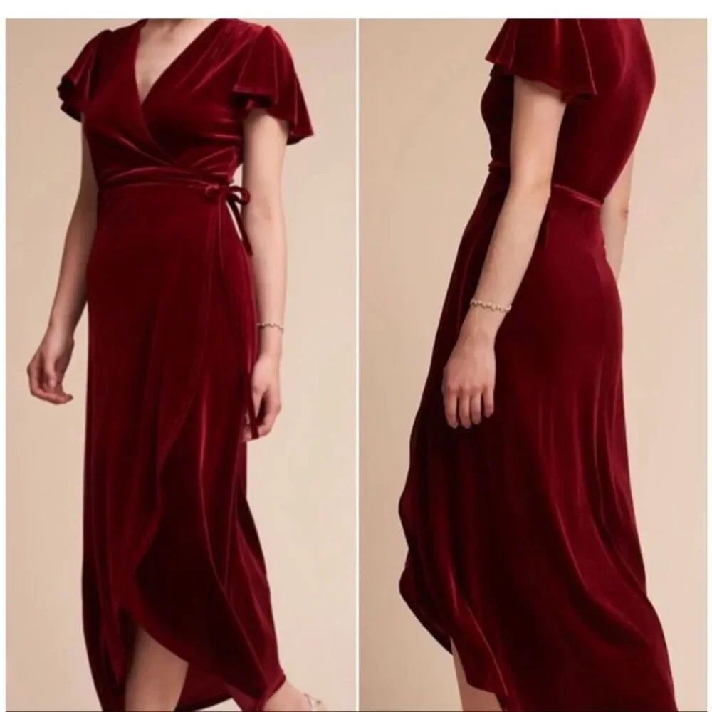 BHLDN Anthropologie burgundy velvet Thrive velour wrap dress